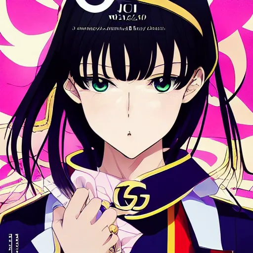 Image similar to Magazine Cover Anime key visual of a Gucci girl; official media; typography; drawn by Hirohiko Araki; Jojo's Bizarre Adventure; Jojolion, portrait, made by Stanley Artgerm Lau, WLOP, Rossdraws, James Jean, Andrei Riabovitchev, Marc Simonetti, Yoshitaka Amano, ArtStation