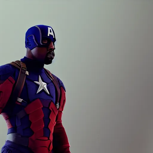 Image similar to kanye west as captain america, cinematic, color grading, camcorder effect, ektachrome, fujifilm superia, side - view, closeup - view, rtx, glsl - shaders, post - production, cel shading, vfx, by wangechi mutu, by weta digital, by weta fx, by wlop