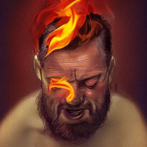 Prompt: A man with fires coming out of his eyes having a smoke, detailed digital art