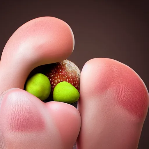 Image similar to the bottom of my foot has large holes in it, each filled with a lychee seed, hyper photo realistic, ultra high resolution, 8 k,