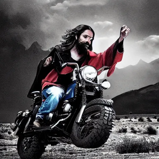 Image similar to Super cool and dramatic image of Jesus riding red motorcycles with the rest of the apostles