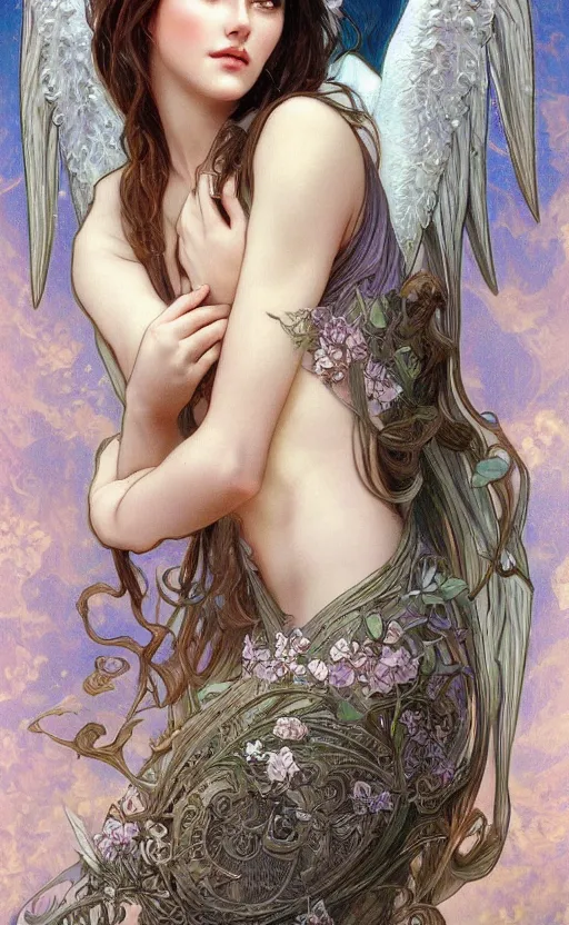 Image similar to a photograpic portrait of a pretty woman, angel, fantasy, intricate, elegant, highly detailed, digital painting, artstation, centered, concept art, smooth, sharp focus, arc, illustration, art by artgerm and h r giger and alphonse mucha