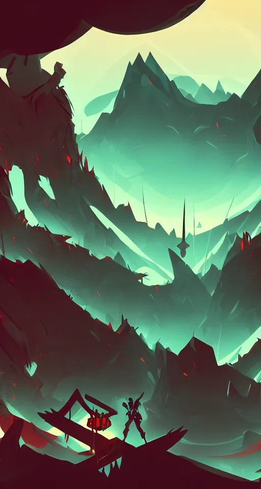 Prompt: the underworld, mount olympus, supergiant games, zagreus, minimalist wallpaper, dark background, desktop background, behance, artstation, deviantart