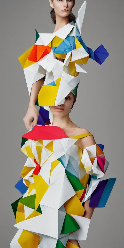 Image similar to portrait of a beautiful model wearing origami themed paper flower and geometric shapes haute couture by issey miyake