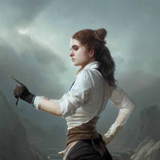 Image similar to a woman wearing a whiteblouse with a lether vest and some gloves, Matte painting , detailed painting, greg rutkowski