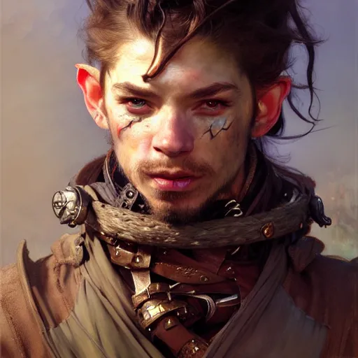 Prompt: highly detailed portrait of a poor rogue in the form of a beautiful male halfling. d & d. art by donato giancola, eugene delacroix, ruan jia, carl larsson, peter mohrbacher. trending on artstation, intricate details, energetic composition, concept art, illustration, elegant art, global illumination