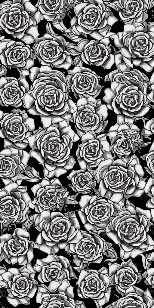 Image similar to seamless pattern of beautiful roses with leaves and throns, tattoo style, symmetrical, repeating 35mm photography