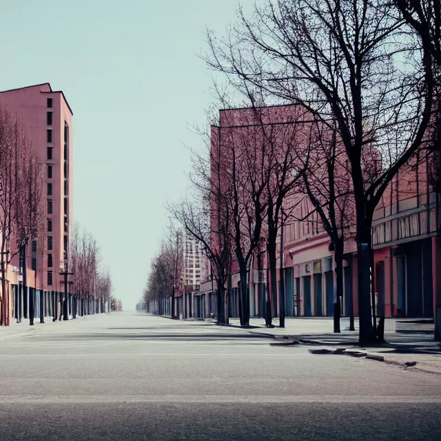 Prompt: empty town street with identical high soviet buildings. perfect grass lawn in the center of the frame. without trees. cinematic