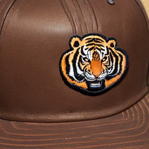 Prompt: leather patch hat tiger detail, realistic