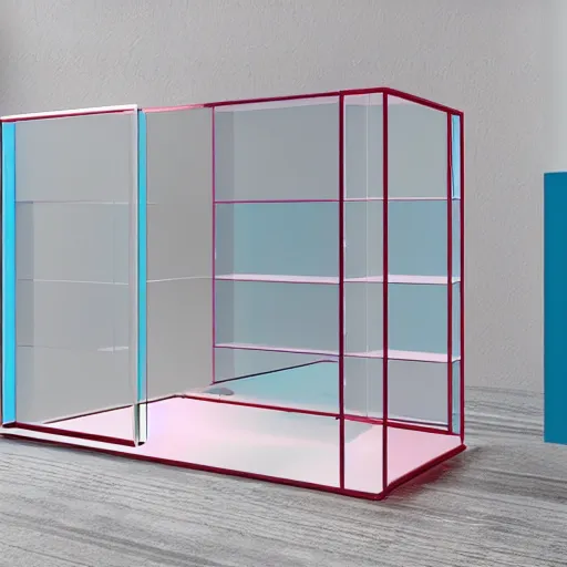 Prompt: hyper realistic glass box with soft gradients in a colored room