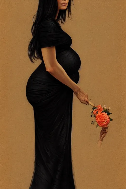 Image similar to pregnant olivia munn in a black dress, realistic portrait, symmetrical, highly detailed, digital painting, artstation, concept art, smooth, sharp focus, illustration, cinematic lighting, art by artgerm and greg rutkowski and alphonse mucha