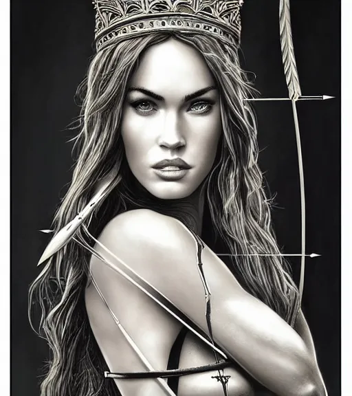 Image similar to portrait of beautiful megan fox as greek goddess aphrodite as an archer, arrow crown, beautiful piercing eyes, flowing blonde hair, realistic face, black and white drawing, in the style of greg rutkowski, fantasy, amazing detail, epic, intricate, elegant, smooth, sharp focus