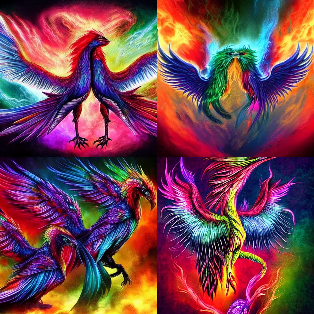 Prompt: three headed multicolor firebird, rainbow chromatic eldritch abomination consisting on different firebirds intertwined, bloodborne, digital art, dark fantasy, concept art