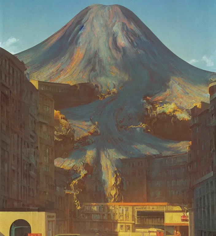 Image similar to active volcano in magnificent shopping mall, oil painting by edward hopper, zdislav beksinski, wayne barlowe