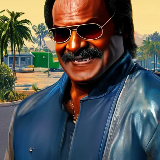 Prompt: Rajnikanth in GTA 5, cover art by Stephen Bliss, no text, trending on ArtStation