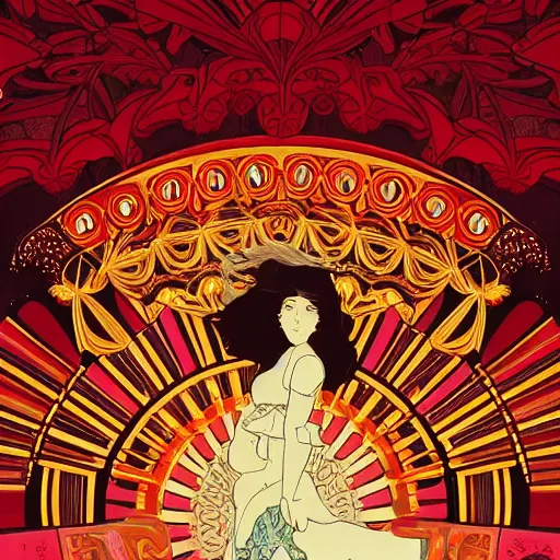 Image similar to background art of flowing theatre red curtains, centered radial design, gold art nouveau graphic elements, flowers, flower petals, movement, painting by mucha, beautiful lighting, anime, manga, studio ghibli, norman rockwell, trending on artstation