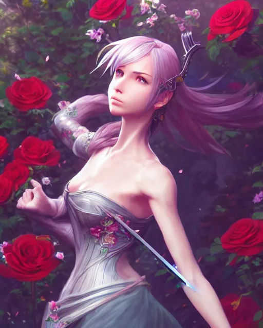 Image similar to an elegant lady surrounded by holographic swords in a garden full of roses, final fantasy, cushart krenz, cushart krenz, goddess, unreal engine, very detailed, realistic face, detailed face, matte, tonemapping, perfection, 4 k