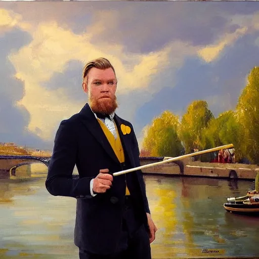 Image similar to mcgregor is dressed as a gentleman at early 2 0 th century paris. he is watching an easel. that easel has a canvas on it. ewan mcgregor has a brush on his hand. he is painting a painting. there is a brown cat with yellow eyes on ewan mcgregors feet. on background has river seine, morning sun, dark clouds, lightning, by jack kirby