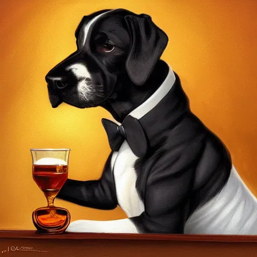 Prompt: a beautiful illustration painting of a dog in a tuxedo drinking whiskey in a dimly lit bar by Jerome Opeña featured on artstation, studio lighting, photorealistic digital art
