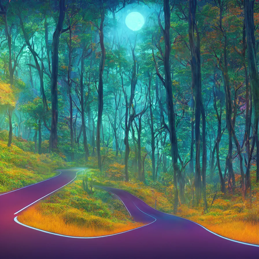 Prompt: surreal semiabstract artwork of a highway road leading to the horizon through a thick forest down a rocky mountain coast towards the sunset. atmospheric good vibes. colorful psychedelic, ultra realistic, concept art, modern art, photorealistic, octane render, 8 k, unreal engine. art by nori inoguchi and sam kaplan and zachary goulko and christopher marley