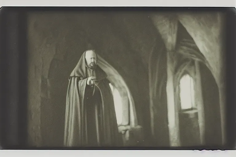 Image similar to dark old polaroid of an medieval bishop, wide angle