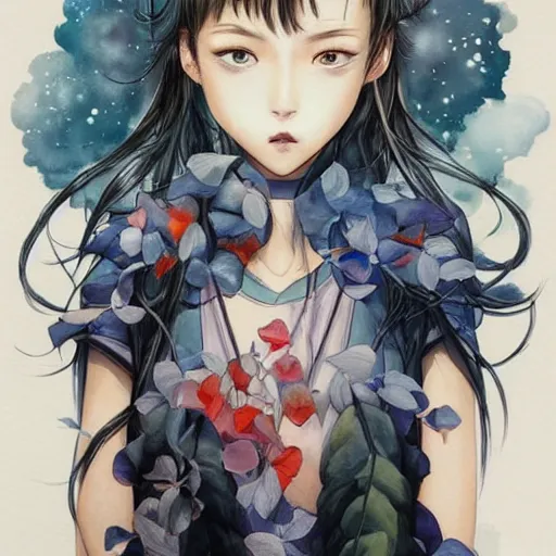 Image similar to our desperation, selfishness, and our effort to save the world and ourselves in the face of all this modernity stand before us like a lyrical blow of wind, award winning watercolor pen illustration, by caroline choi artgerm, art by range murata