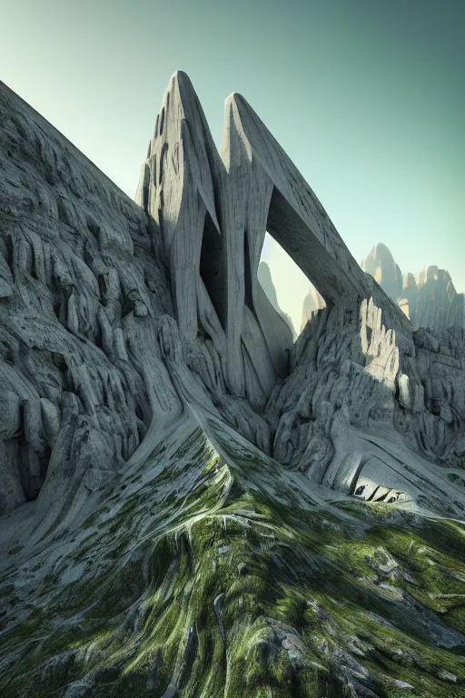 Image similar to sci - fi concrete brutalist architecture in the italian dolomites, zaha hadid, beksinski, photoreal, highly detailed, 8 k, hd, vray, artstation, trending on behance, cinematic matte painting, extreme detail photo quality, green moss, sunrays, sunset, featured on behance