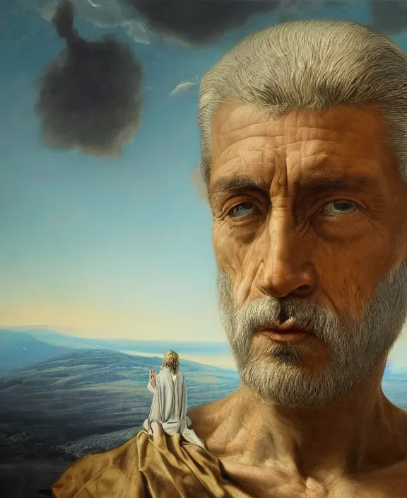 Image similar to a portrait of wisened philosopher king (an absolute monarch of his ancient european kingdom) resides on his throne, his gaze transfixed on the horizon of infinity, his mind contemplating eternity, highly detailed hyperrealistic DnD portrait by Raffaello Ossola and Ross Tran and Zdzisław Beksiński, stunning detail, 8k, 4k