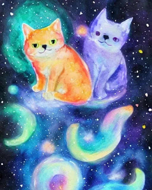 Image similar to cute galactic space cats, painted in water colors