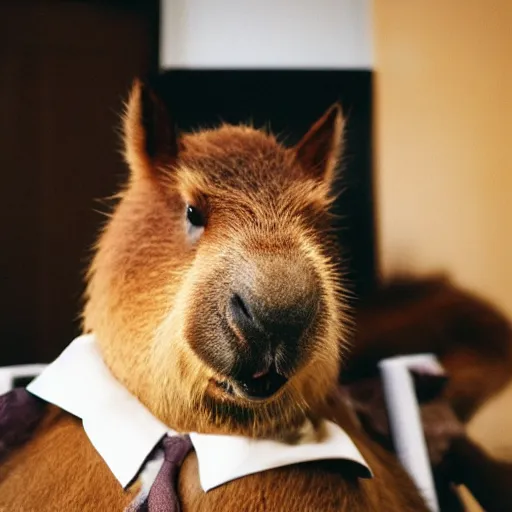 Image similar to an antropomorphic capybara wearing a suit smoking a cigar