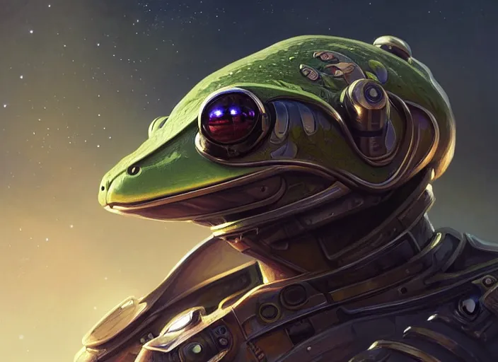 Image similar to portrait of a frog dressed as a spaceship pilot, d & d, armour! fantasy, intricate, elegant, highly detailed, digital painting, artstation, concept art, smooth, sharp focus, illustration, art by artgerm and greg rutkowski and alphonse mucha