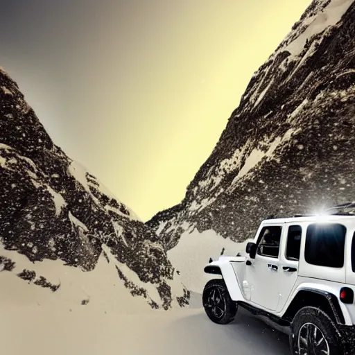 Prompt: white jeep wrangler driving up steep snowy mountain on edge of a cornice, high quality digital art, dramatic lighting, cinematic