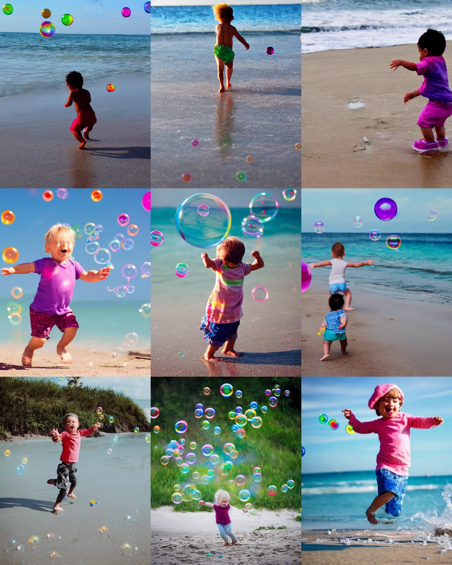 Prompt: A Toddler chases after Huge Soap Bubbles along a beautiful Beach