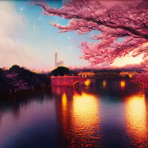 Prompt: fireworks, night light, arch bridge, chinese buildings in vally, cherry blossoms, lake, cloud, wlop, fairy tale, light effect, dream, greg rutkowski, james gurnev. artstation