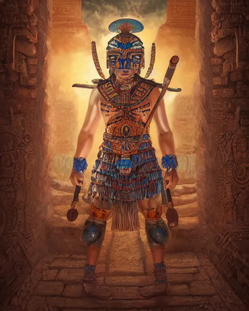 Prompt: digital painting of a mayan warrior by filipe pagliuso and justin gerard, symmetric, fantasy, highly detailed, realistic, intricate, portrait, sharp focus, tarot card