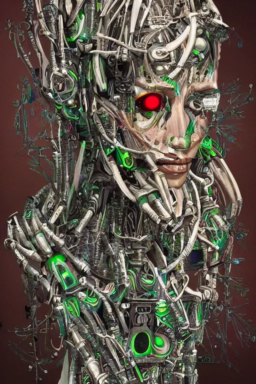 Prompt: a hyper - detailed fine painting of a synthetic humanoid cyborg hybrid half cybernetic and half made of plants and wood, concept art magical highlight, full color tribal and technologic art