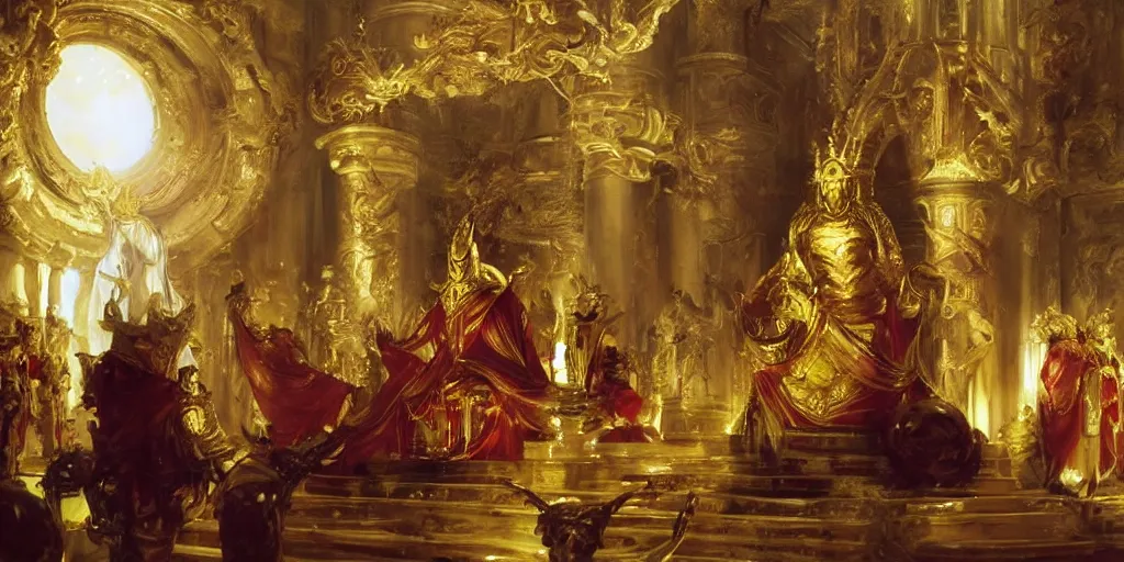 Image similar to beautiful oil painting, alien in royal crimson robes enthroned as the alien god emperor of ancient civilization surrounded by servants in gilded halls a golden wreath upon his head, by anders zorn, wonderful masterpiece by greg rutkowski, beautiful cinematic light, american romanticism, by thomas lawrence, greg rutkowski