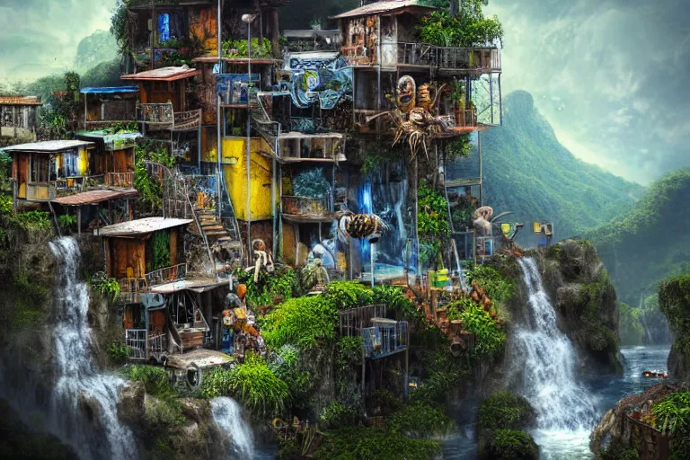 Prompt: mission waterfall favela honeybee hive, subconscious environment, industrial factory, award winning art, epic dreamlike fantasy landscape, ultra realistic,