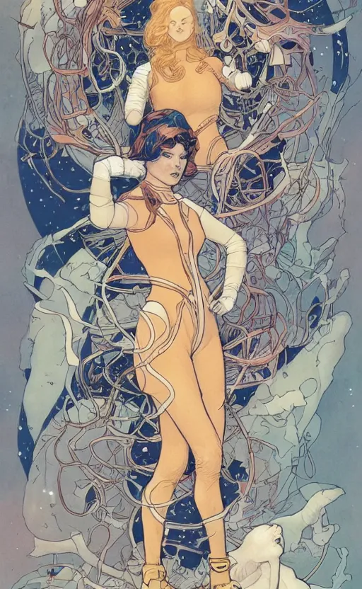 Prompt: a beautiful woman in a future space suit artwork by james jean, Phil noto and rebecca guay