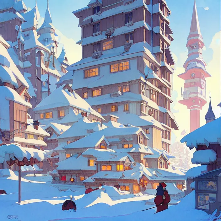 Prompt: canadian city, winter, in the style of studio ghibli, j. c. leyendecker, greg rutkowski, artem