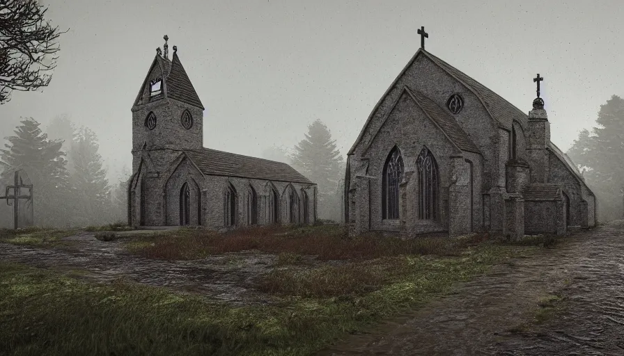 Image similar to church built in an english village, rainy day, rusty cross, muddy road, forest, grey sky, hyperdetailed, artstation, cgsociety, 8 k