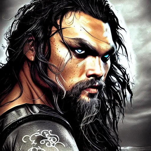 Image similar to jason momoa, final fantasy, darkwave, darksynth character portrait, sharp, digital matte painting, art by luis royo, greg rutkowski, wlop, dramatic lighting, trending on artstation