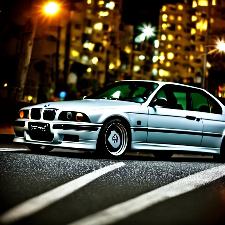 Image similar to close-up-photo BMW E36 middle of street, Saitama prefecture, stars, night, cinematic color, photorealistic, highly detailed,