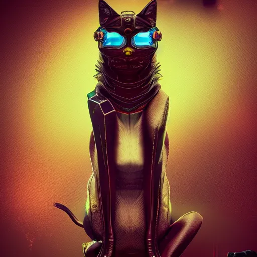 Prompt: a detailed 3d render of a cyberpunk cat in the style of dark fantasy, 8k, magic realism, artstation,HQ,deviantart,maximalist