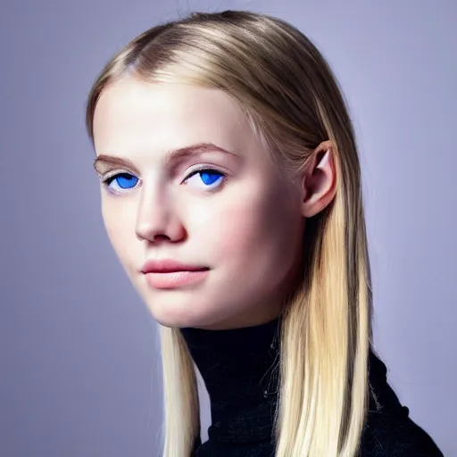 Image similar to High-Quality photorealistic portrait of a young thin girl, blue eyes, blonde hair, wearing a black turtle neck, face center close-up, realistic colors