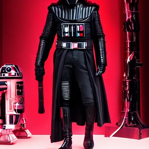 Prompt: Ralph Lauren as Kylo Ren. A still from the film Star Wars VII the force awakens
