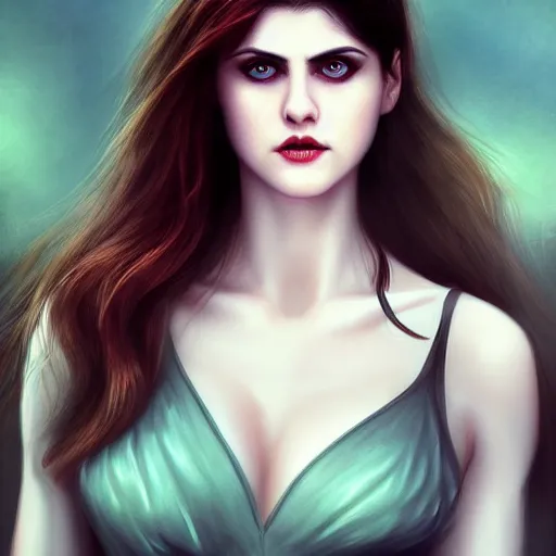 Image similar to Alexandra Daddario, beautiful vampire mistress, portrait by Stanley Artgerm Lau