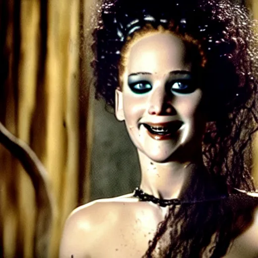 Image similar to jennifer lawrence as the bride of frankenstein, color photography, sharp detail, wicked smile, still from the movie van helsing