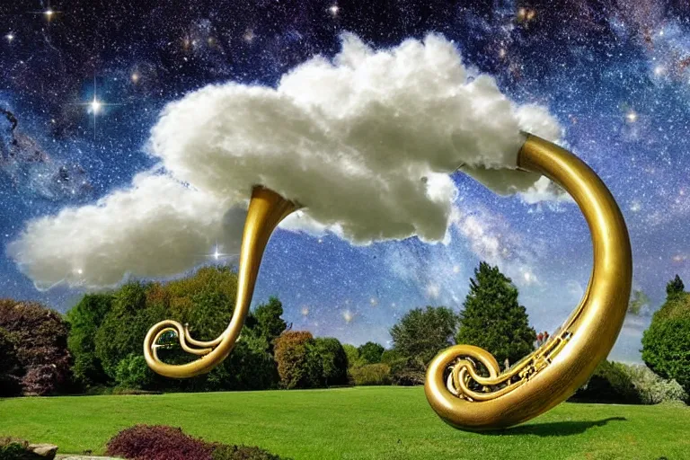 Image similar to a huge flock of many intricate elegant french horn cloud sculptures, art nouveau garden environment, soothing, milky way, award winning art, epic dreamlike fantasy landscape, ultra realistic,