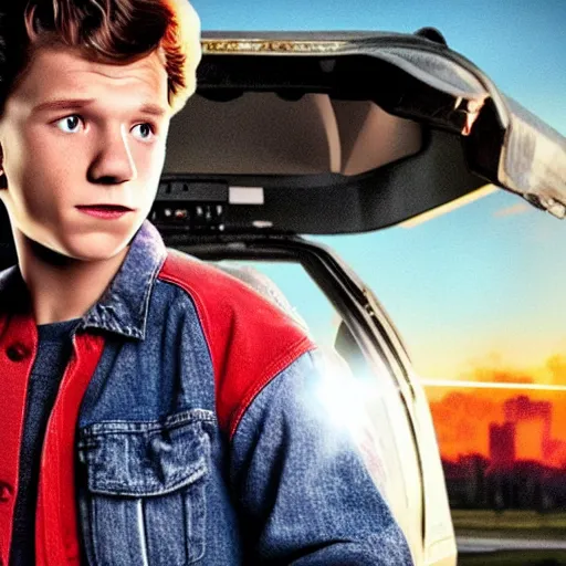 Image similar to Tom Holland, movie poster, starring as Marty mcfly, back to the future